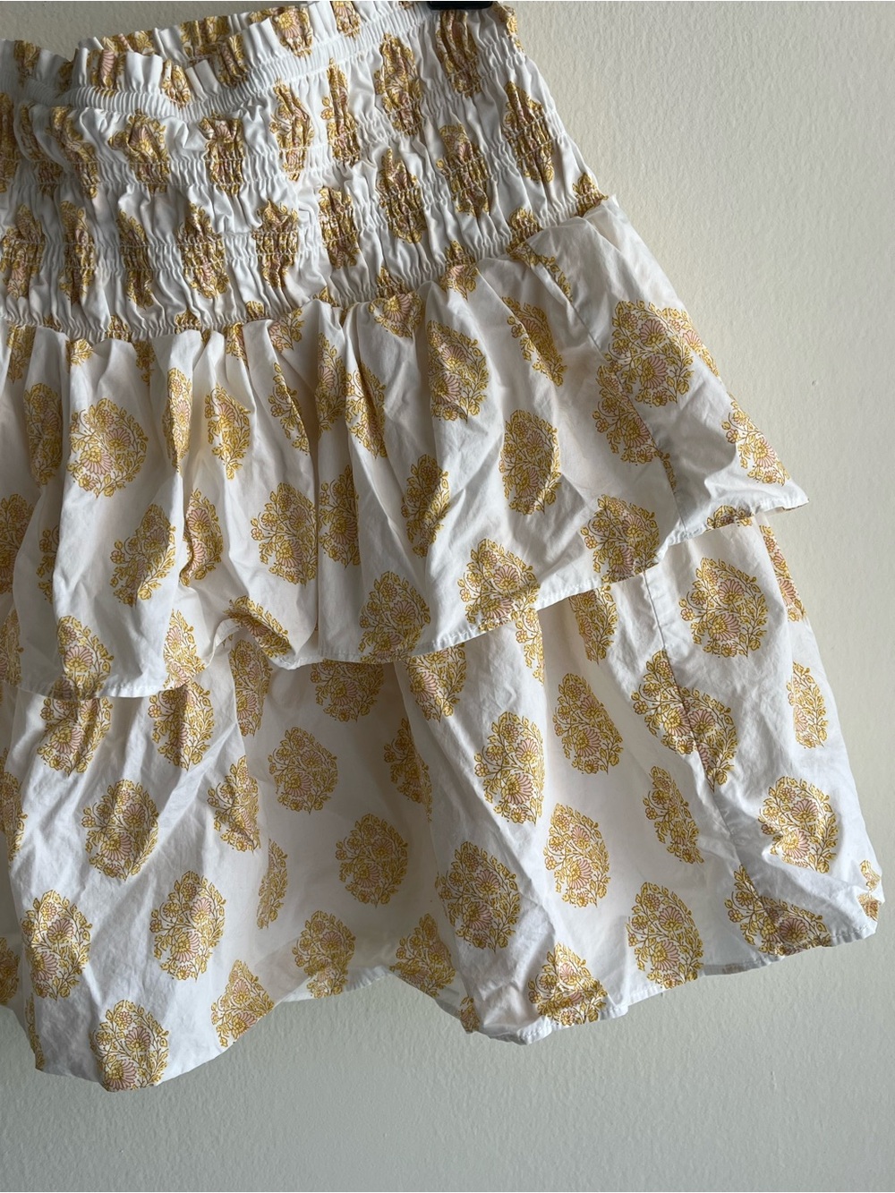 J. Crew White Skirt with Gold Paisley Print Floral and Tiered Ruffle Size Large - Picture 3 of 5
